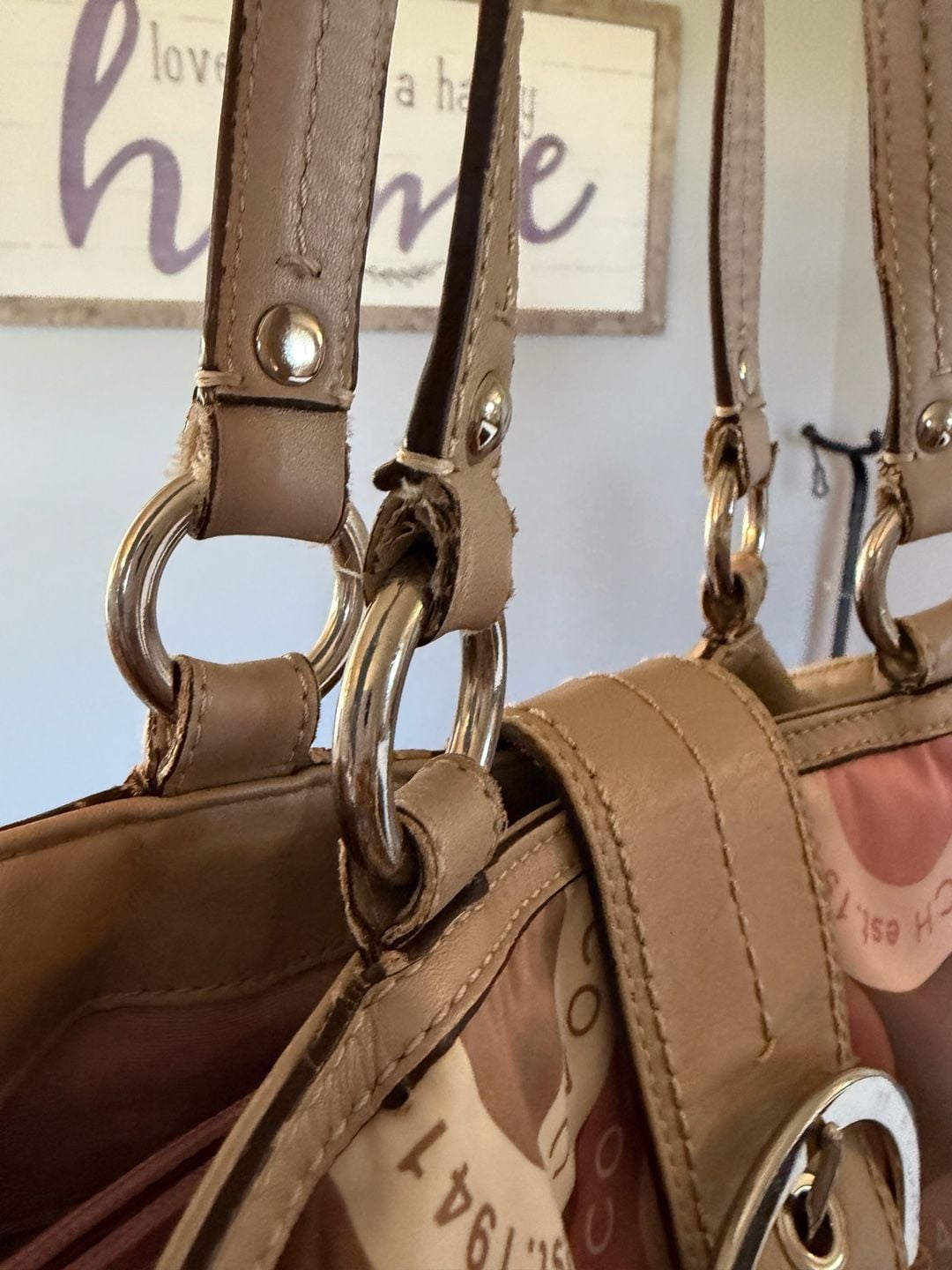 Coach Pink and Brown Circle Print Satchel Bag with Tan Leather Trim 7