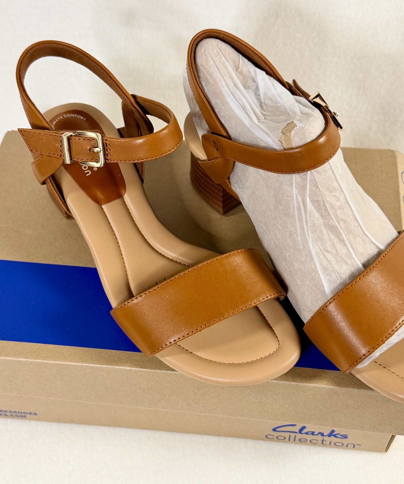 Clarks Desirae Rowan Leather Block Heel Sandal, Camel, Women’s 8W 7