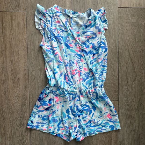Lilly Pulitzer girls Romper Size 6-7 Blue Pink Abstract Print Flutter Sleeve
