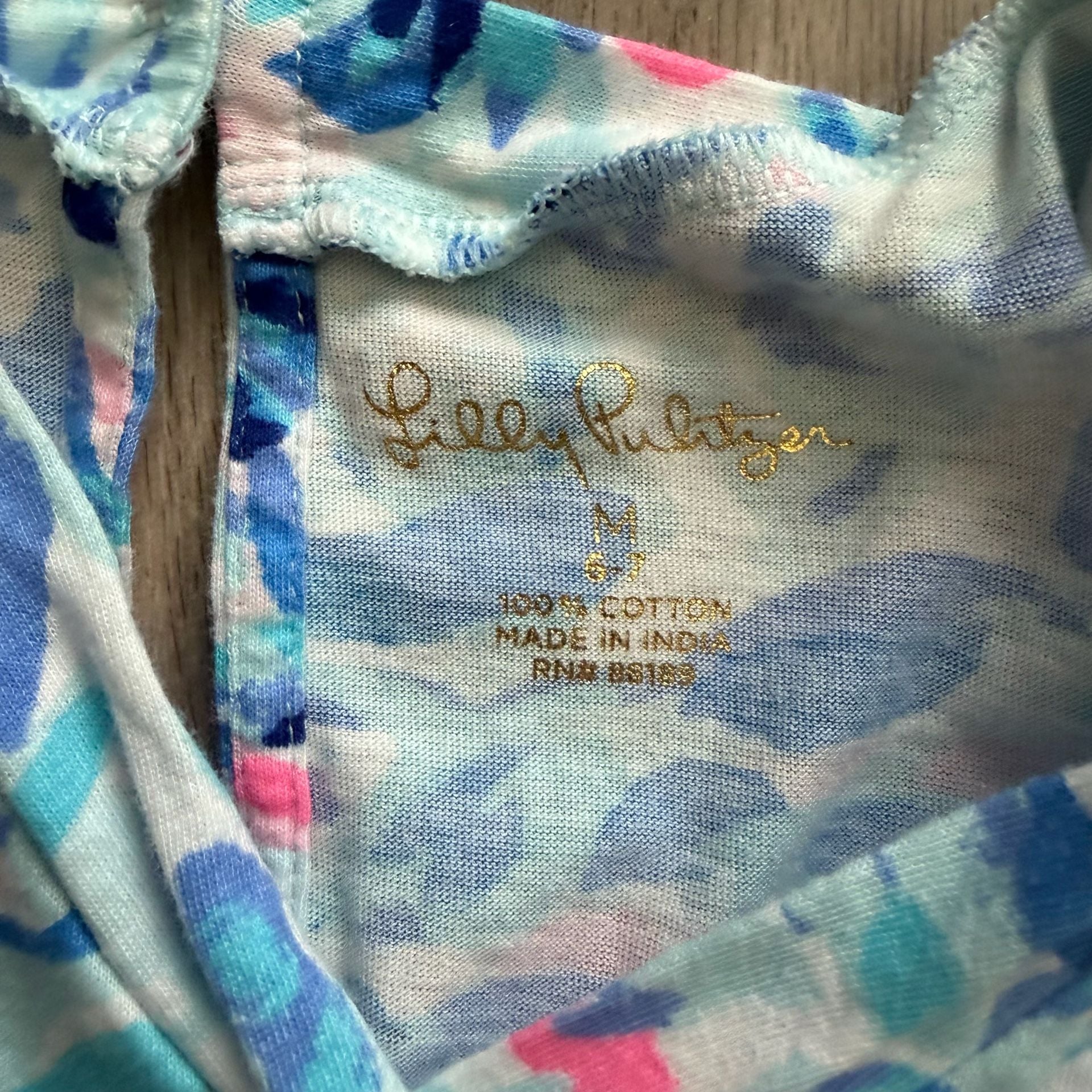 Lilly Pulitzer girls Romper Size 6-7 Blue Pink Abstract Print Flutter Sleeve 3