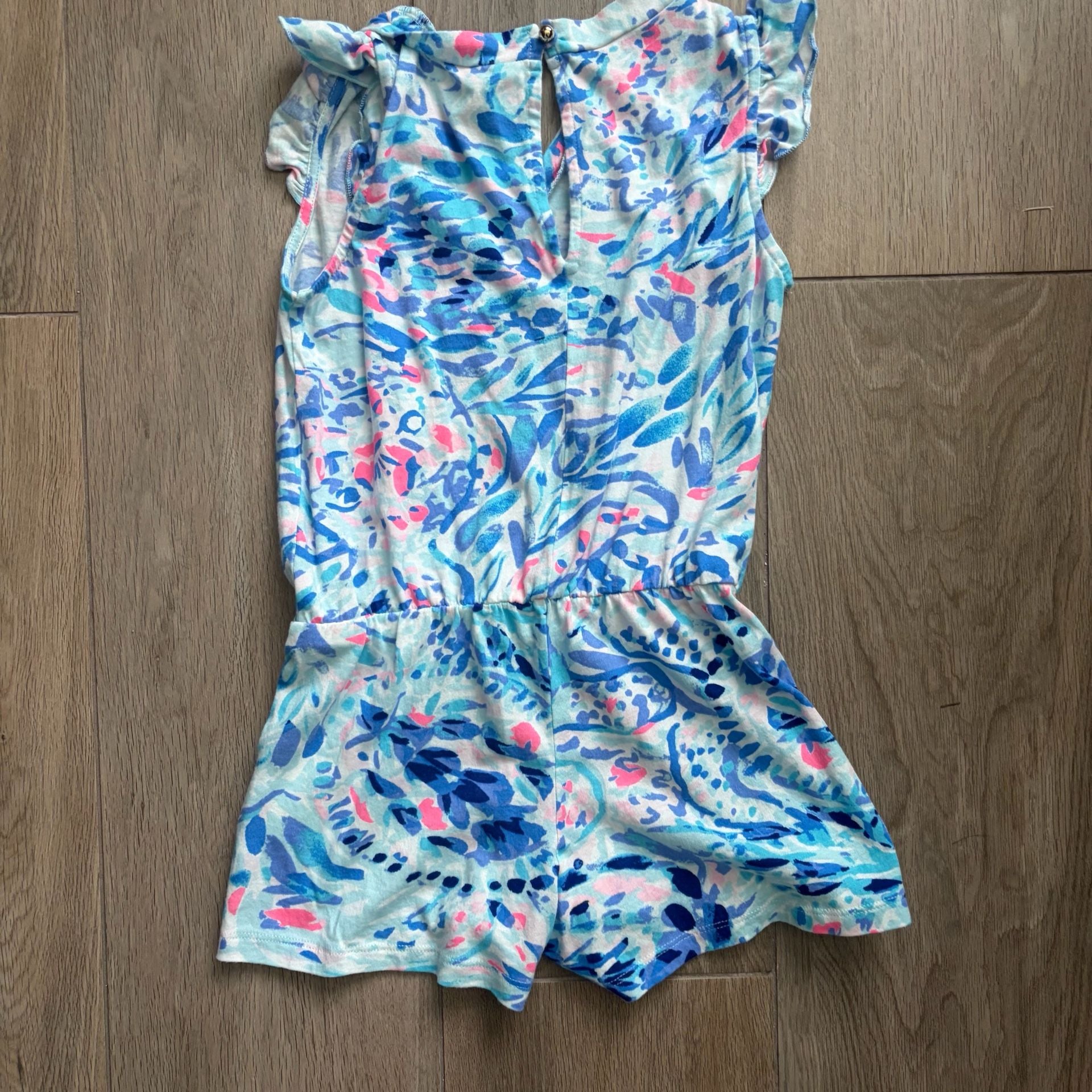 Lilly Pulitzer girls Romper Size 6-7 Blue Pink Abstract Print Flutter Sleeve 4