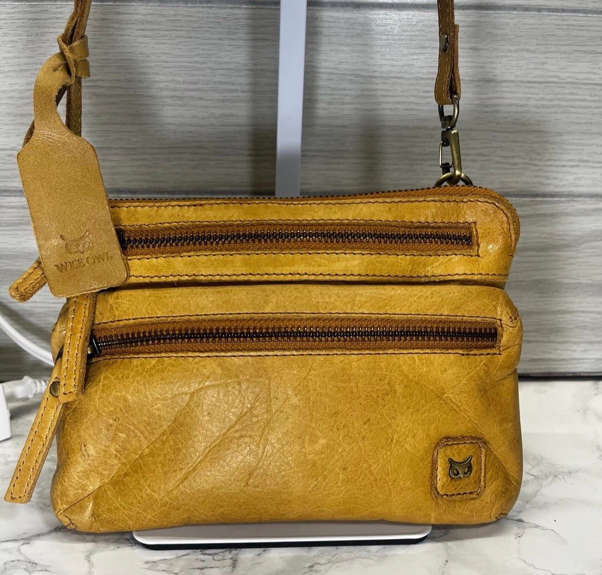 Wise Owl Leather Crossbody Bag Mustard Yellow 3