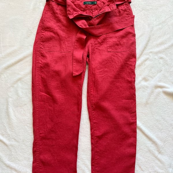 Lauren Ralph Lauren Pants Size 8 raspberry Linen Belted Utility Trousers