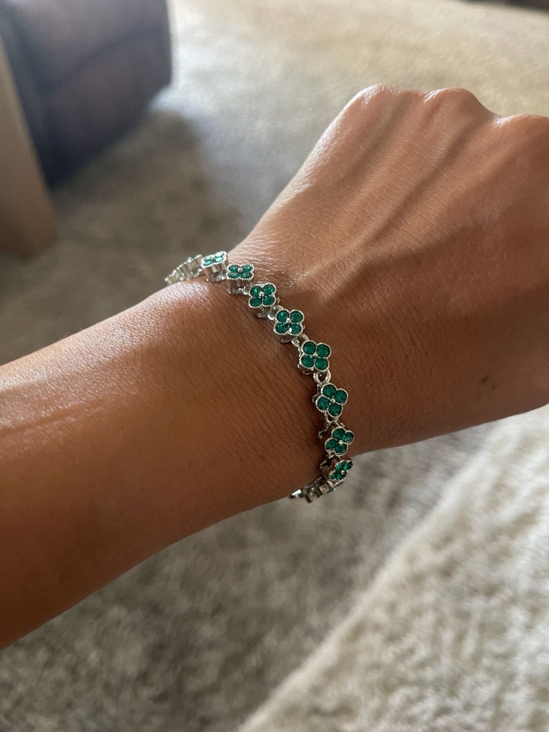 Clover stone Tennis Bracelet Green Silver 4