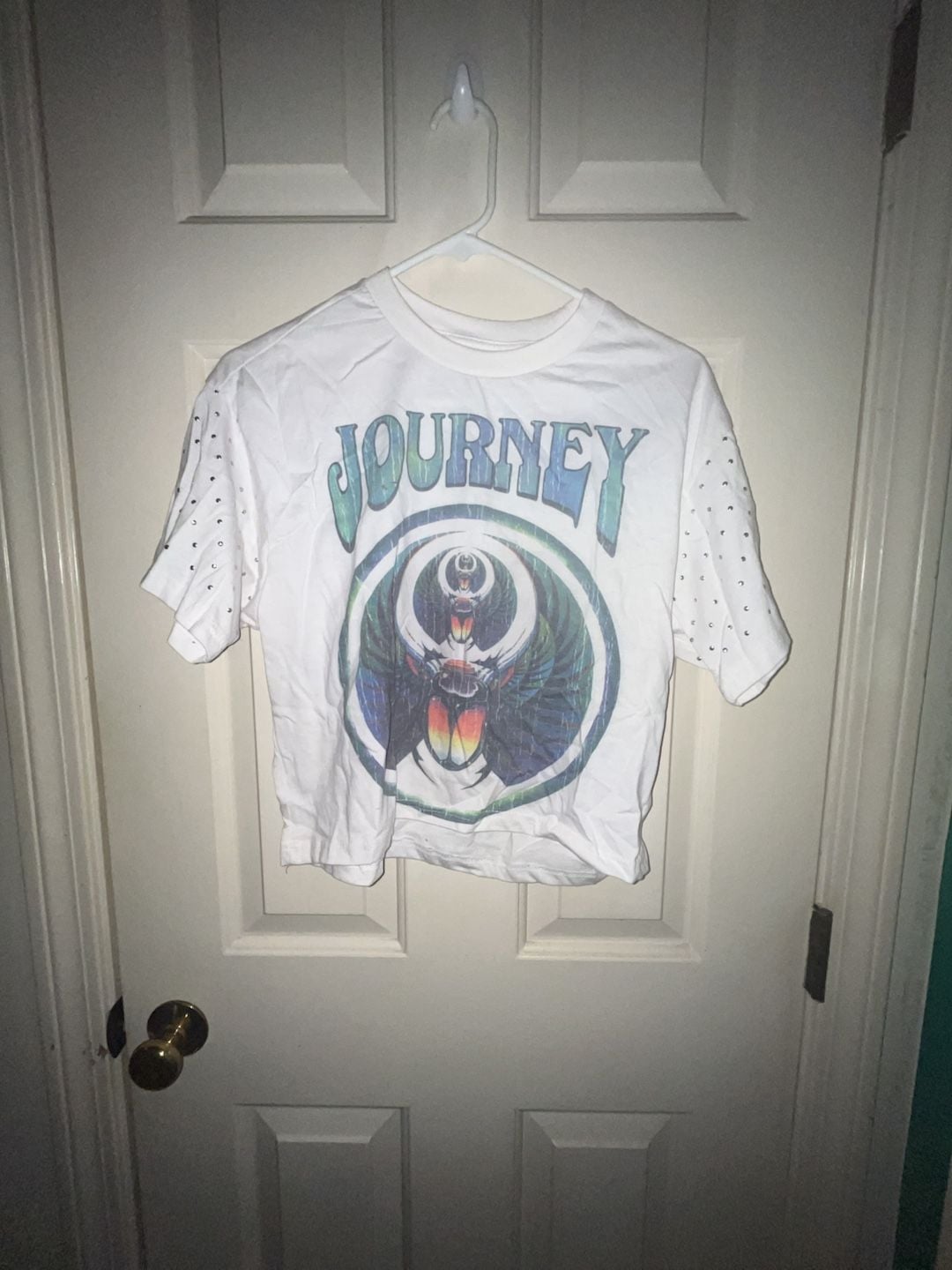 Journey Band Crop Top Size M White Studded Sleeve Tee Shirt 2
