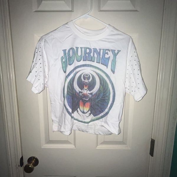 Journey Band Crop Top Size M White Studded Sleeve Tee Shirt