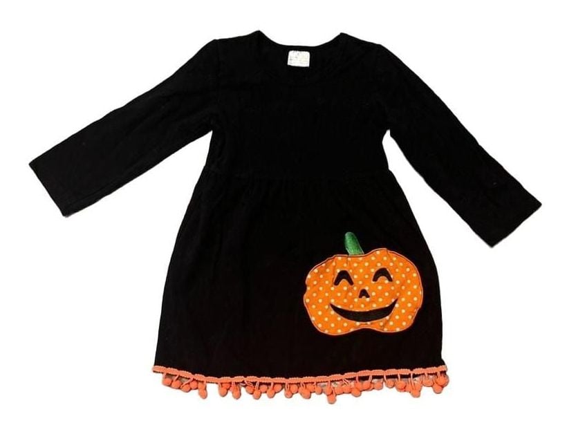 Boutique Halloween Pumpkin Dress Size L (4) Black Orange Pom Pom Trim 2