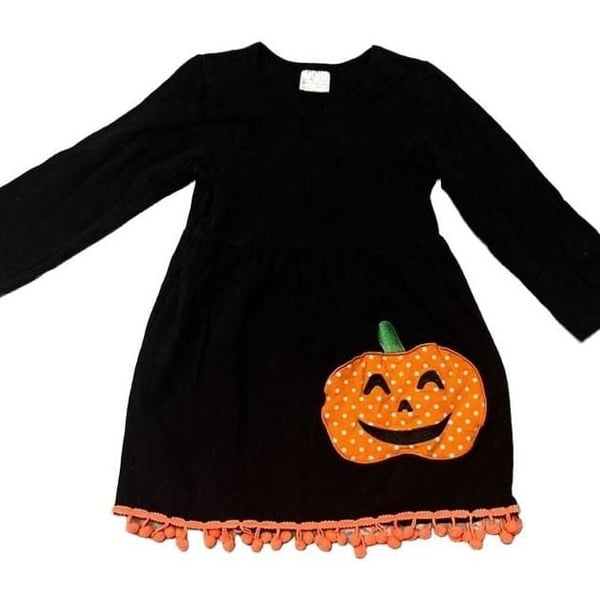 Boutique Halloween Pumpkin Dress Size L (4) Black Orange Pom Pom Trim
