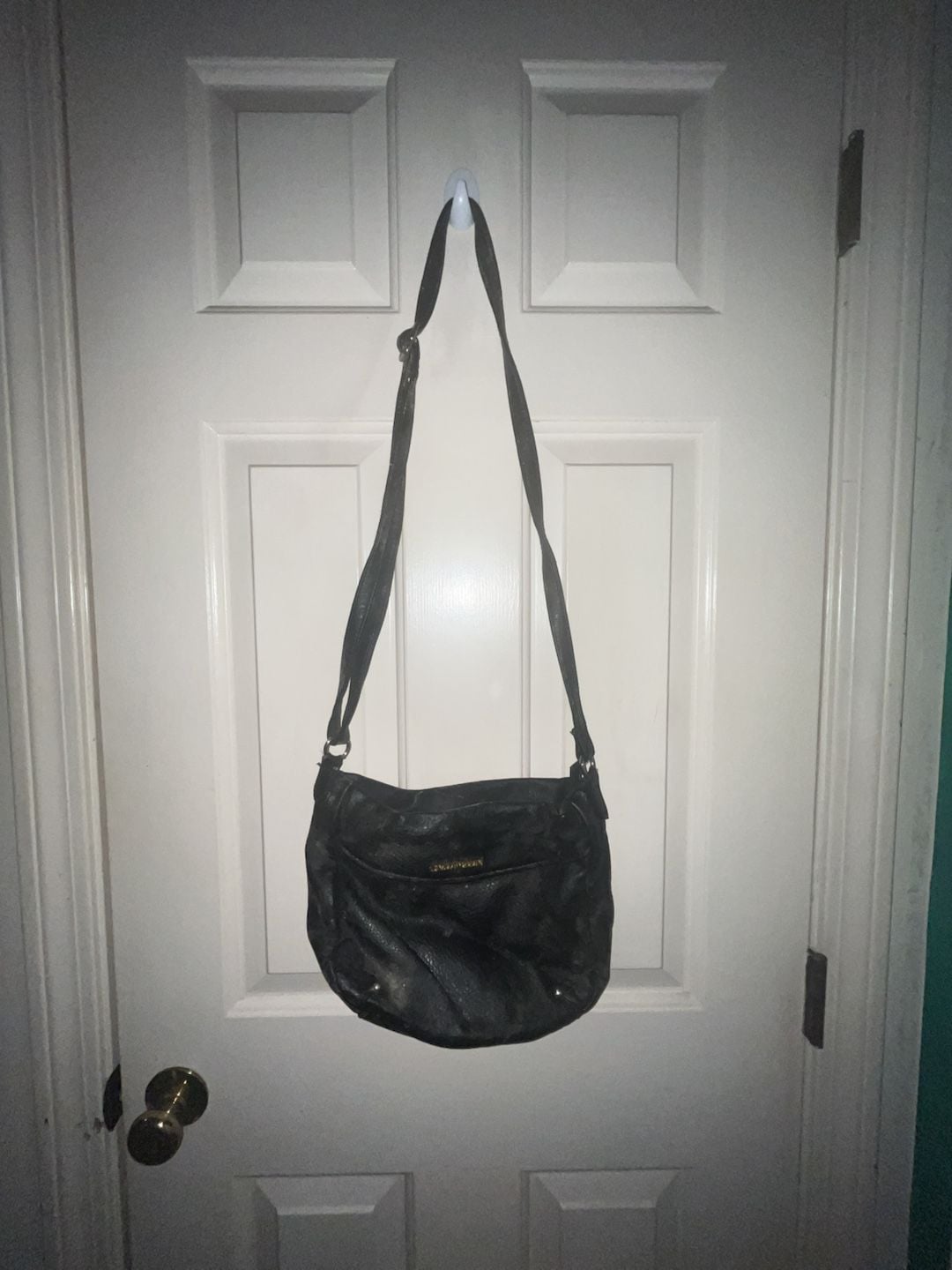 Enzo Angiolini Black Faux Leather Crossbody Hip Purse Bag Gold Zippers 2