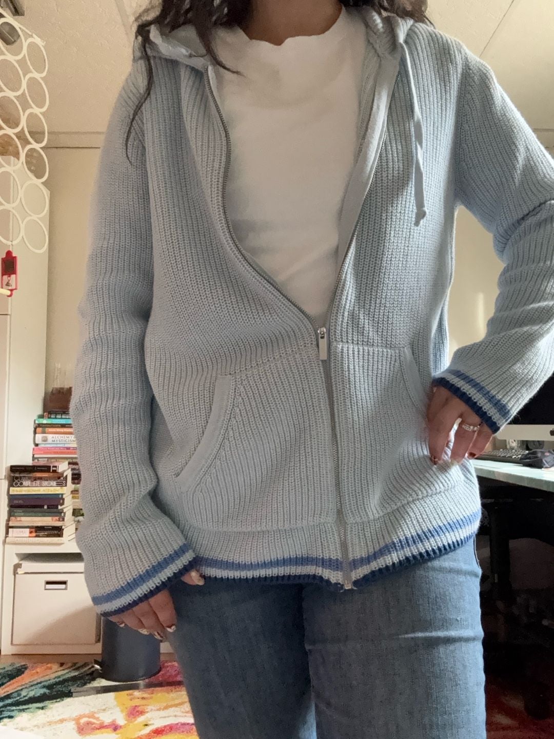 Lands' End Drifter Zip Hoodie Size M Light Blue Cotton Sweater 9