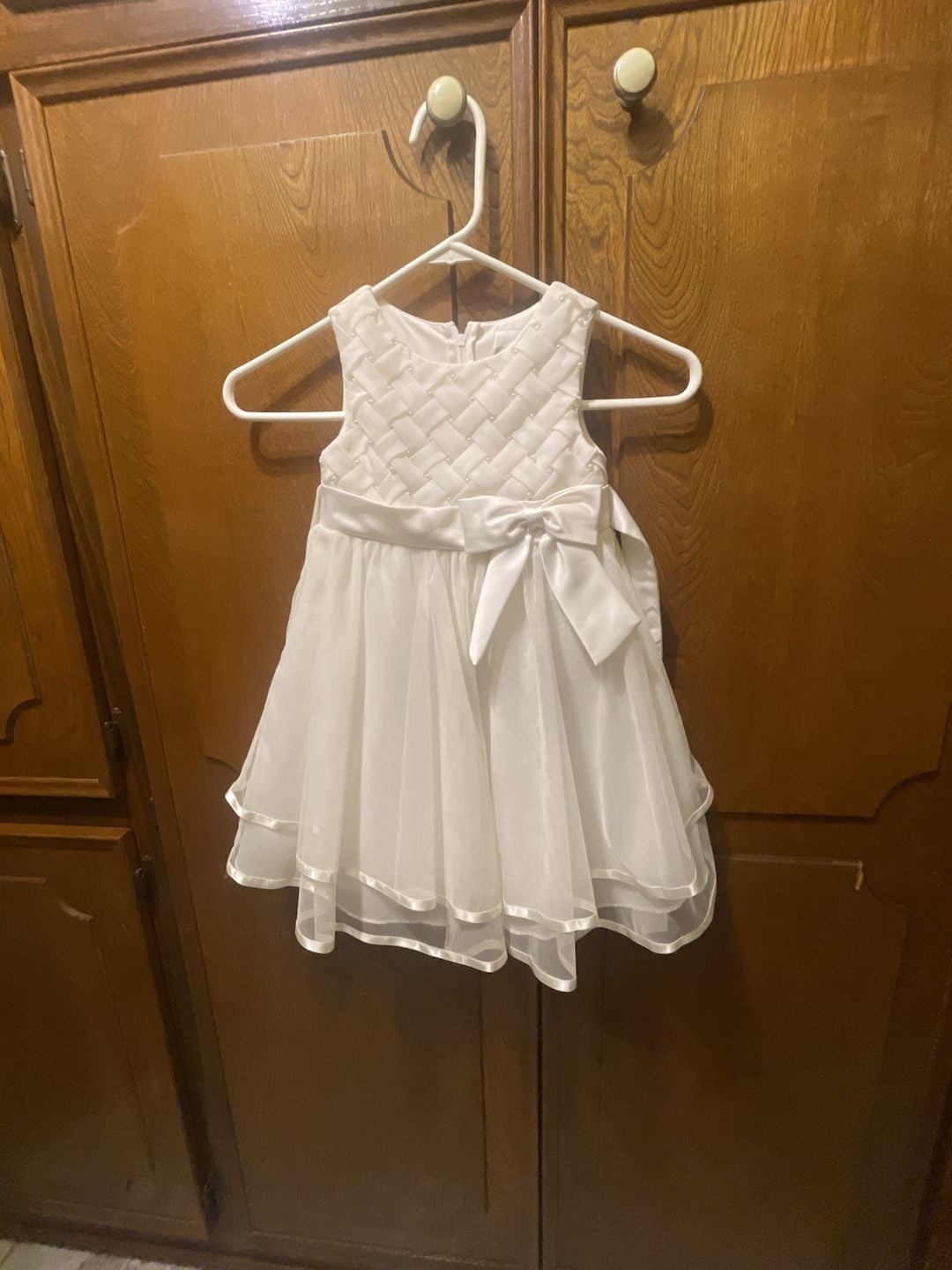 Rare Editions Dress Size 4T White Basketweave Pearls Mesh Bow 2