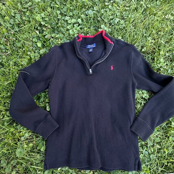 Polo Ralph Lauren Quarter Zip Sweater Size L 14-16 Black Red Cotton