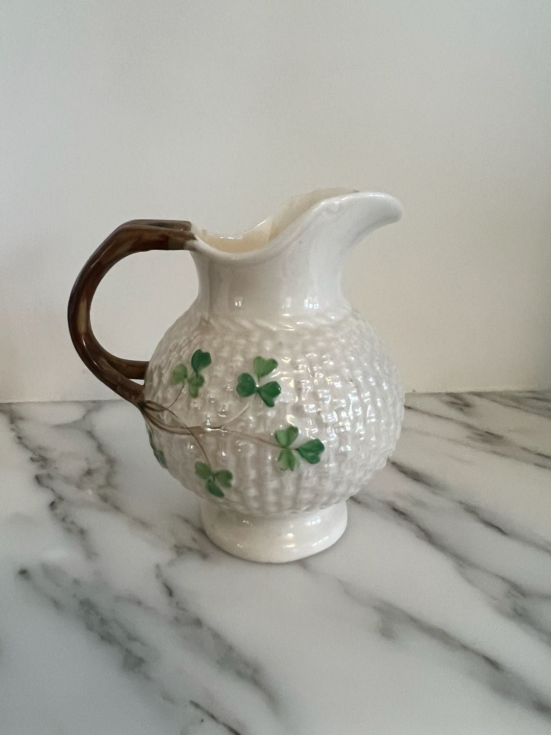 Belleek Shamrock Basketweave Creamer Pitcher Jug Ireland 1