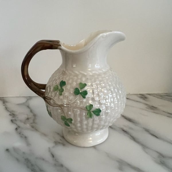 Belleek Shamrock Basketweave Creamer Pitcher Jug Ireland