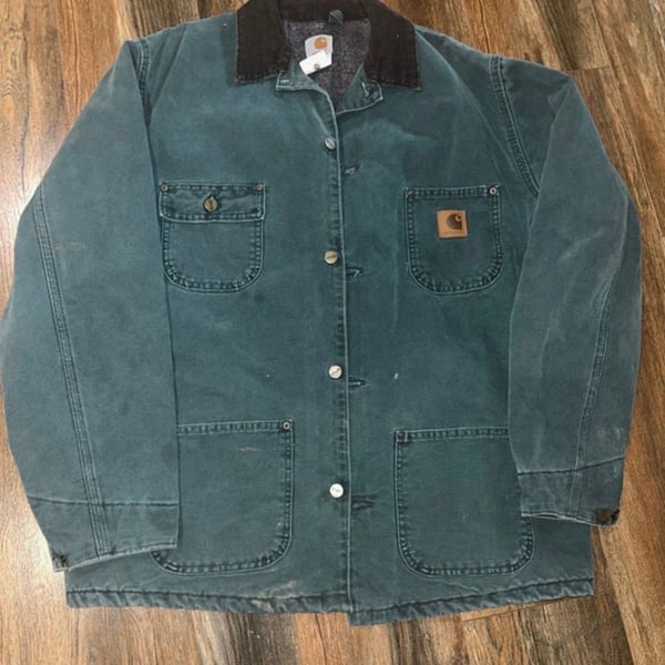 vintage, USA-made Carhartt CO2 SPC
Sandstone Chore Coat in the rare "Spruce"