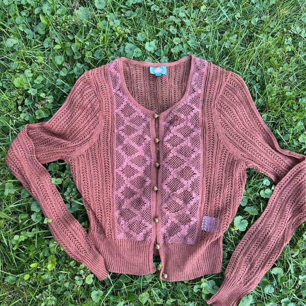 Plenty By Tracy Reese Cardigan Size L Rose Brown Lace Knit Sweater