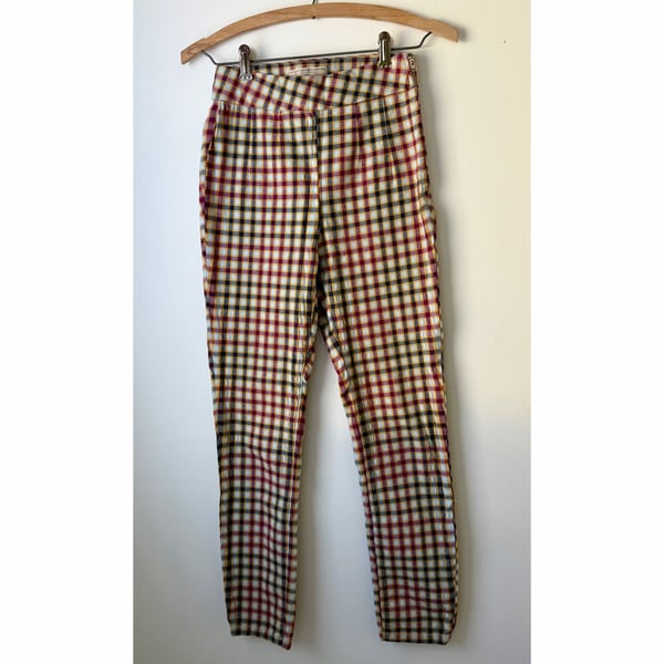 Free People High Rise Plaid Ankle Pants Side Zip Size 25 Burgundy Yellow
