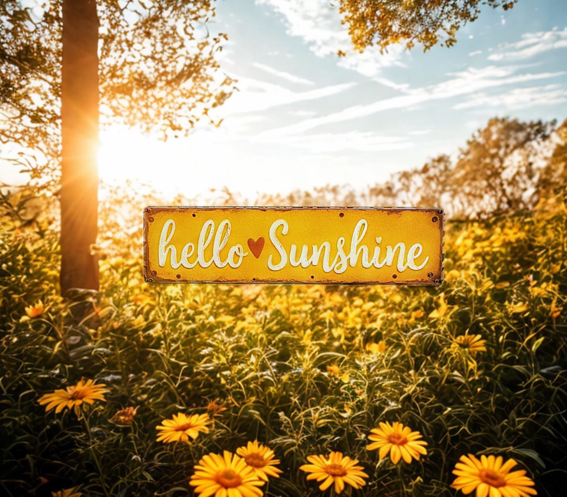 “Hello Sunshine” Wooden Sign 3X12 Vintage Farmhouse Wall Sign 3