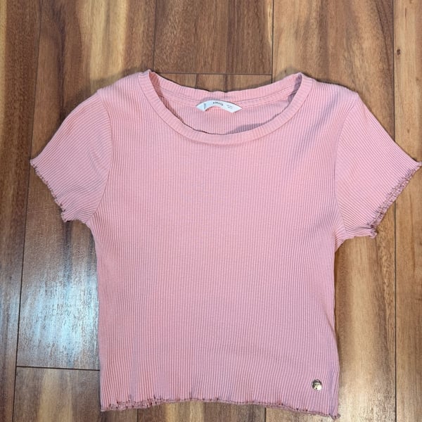 MNG Ribbed Lettuce Trim Crop Top Size S Pink Short Sleeve Tee