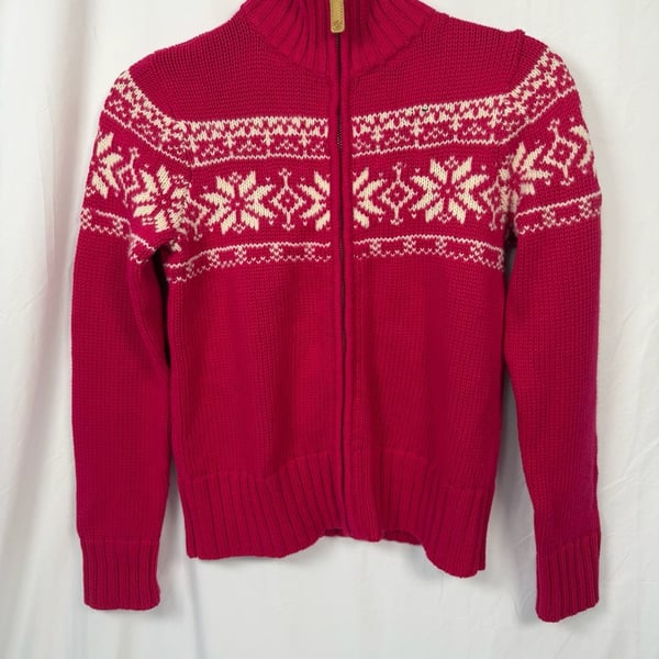 Ralph Lauren Full Zip Cardigan Kids Size L (12/14) Pink Fair Isle Knit Sweater