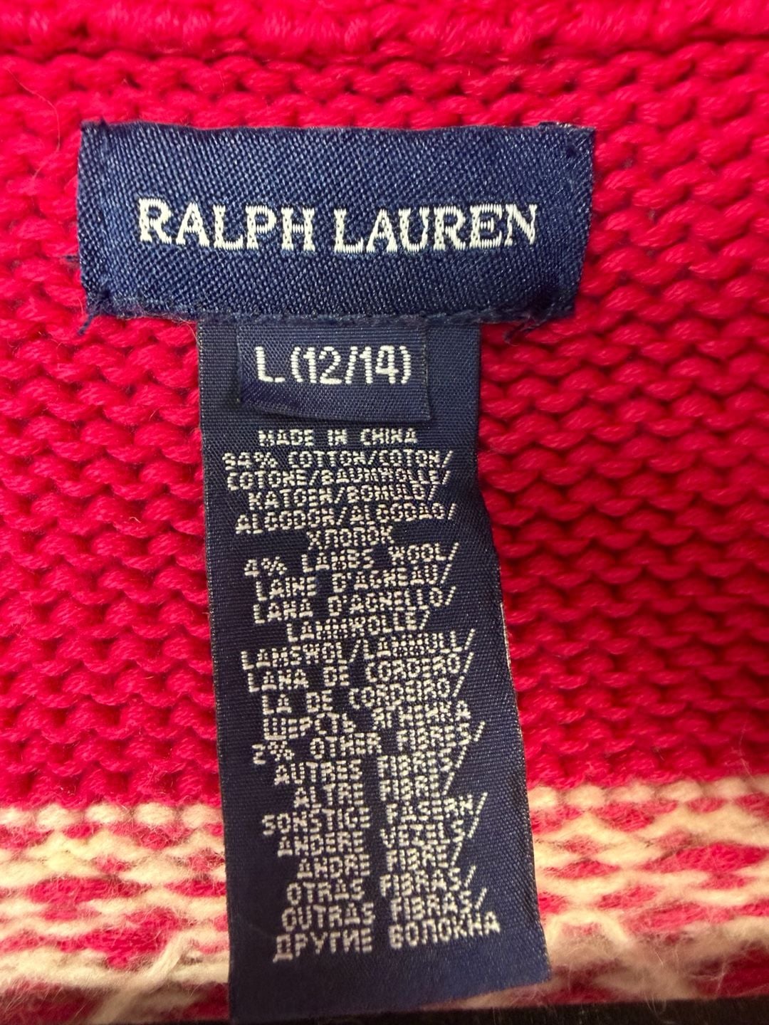 Ralph Lauren Full Zip Cardigan Kids Size L (12/14) Pink Fair Isle Knit Sweater 6