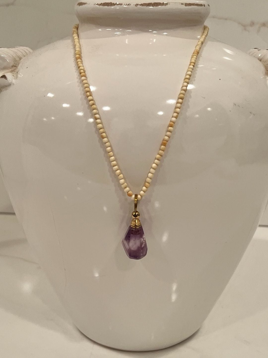 Vintage Bone Bead Necklace Amethyst Gold Pendant 2