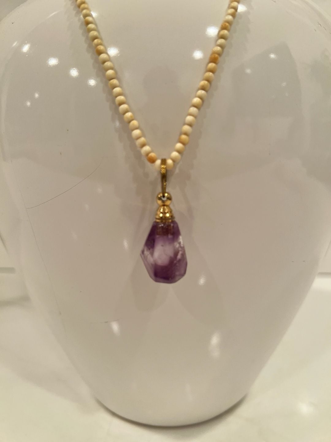 Vintage Bone Bead Necklace Amethyst Gold Pendant 3