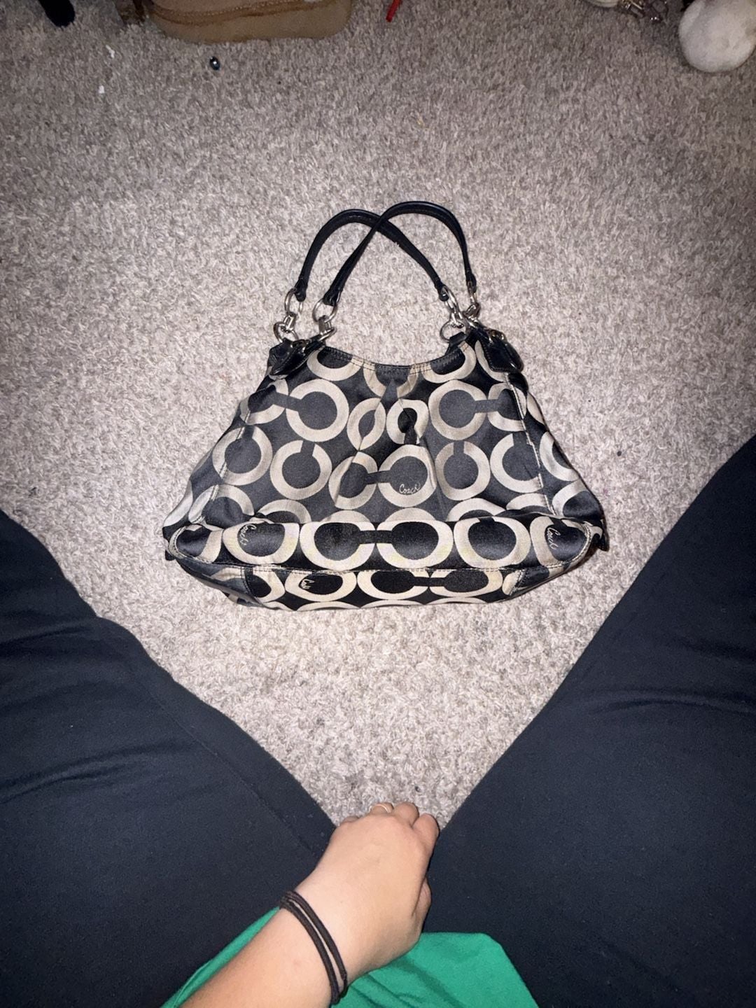 Coach Mia Op Art Sateen Maggie Shoulder Bag Black Gray 2