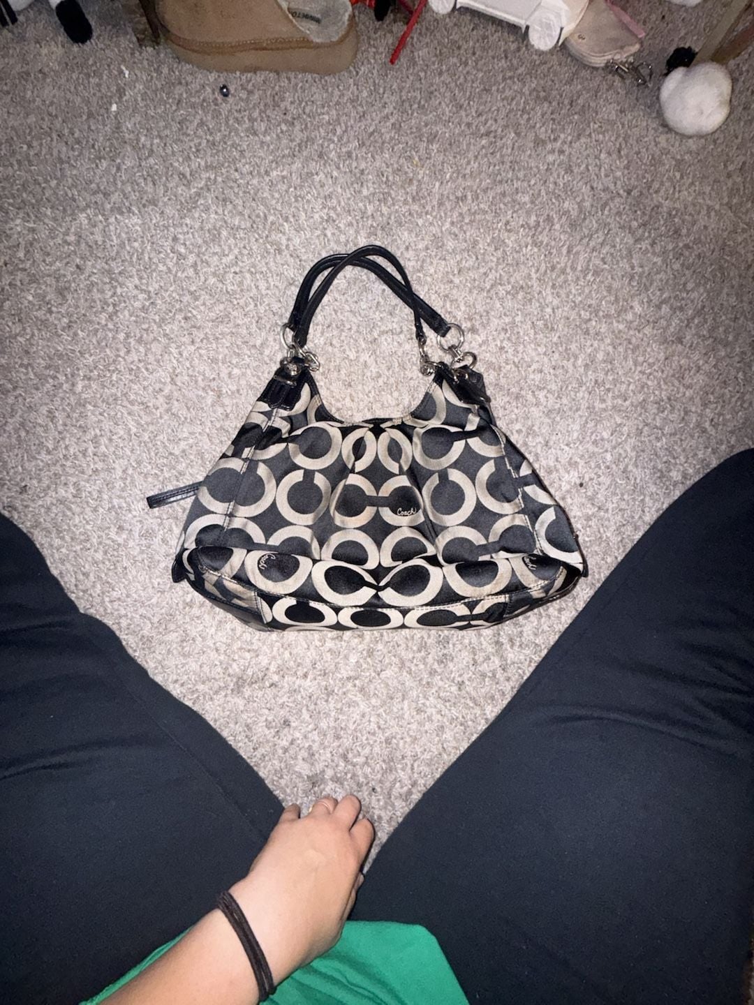 Coach Mia Op Art Sateen Maggie Shoulder Bag Black Gray 3