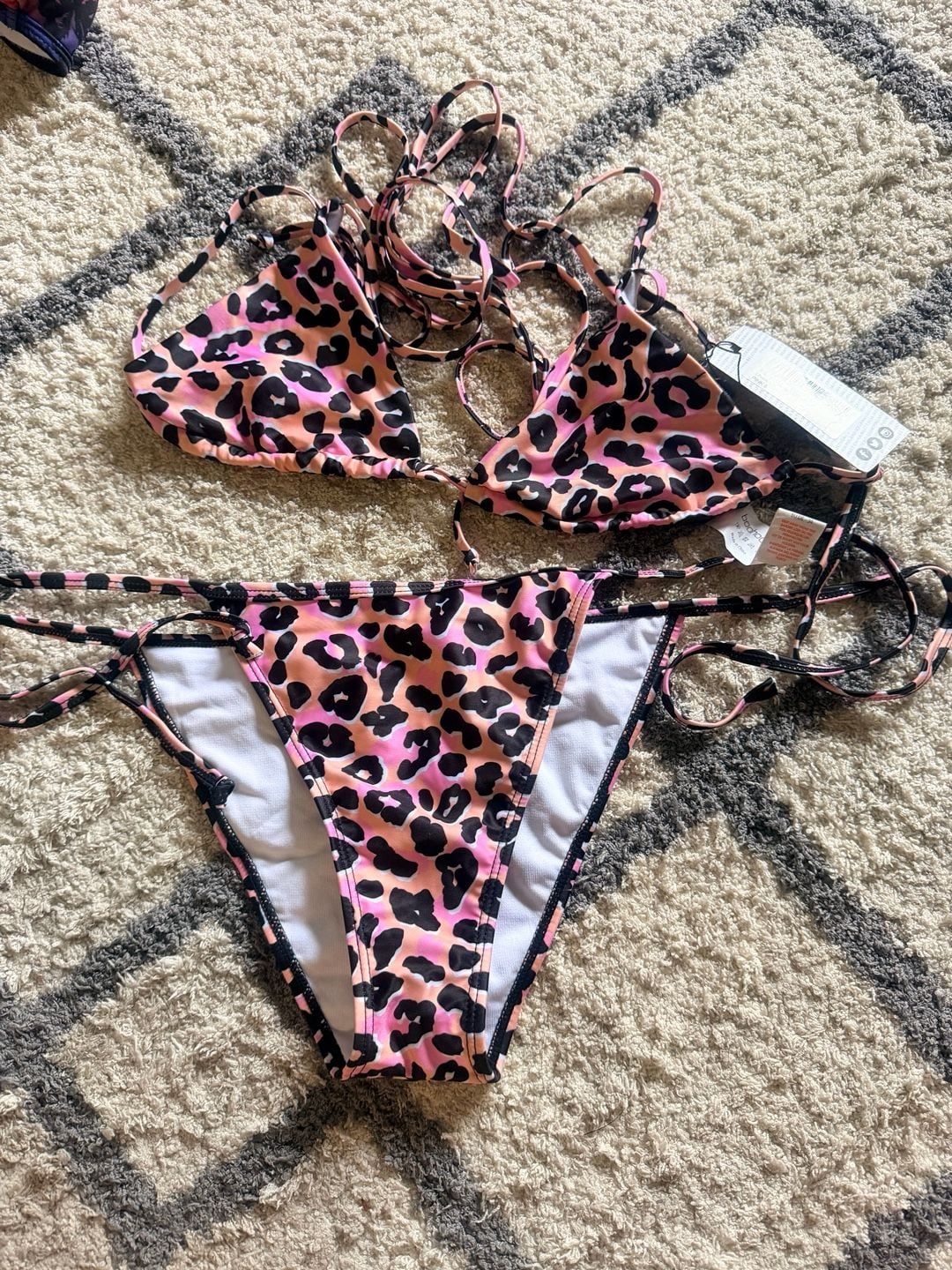boohoo Leopard Tie Triangle Bikini Set Size US 4 Pink 1