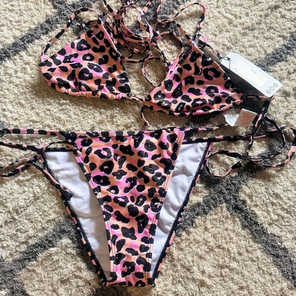 boohoo Leopard Tie Triangle Bikini Set Size US 4 Pink