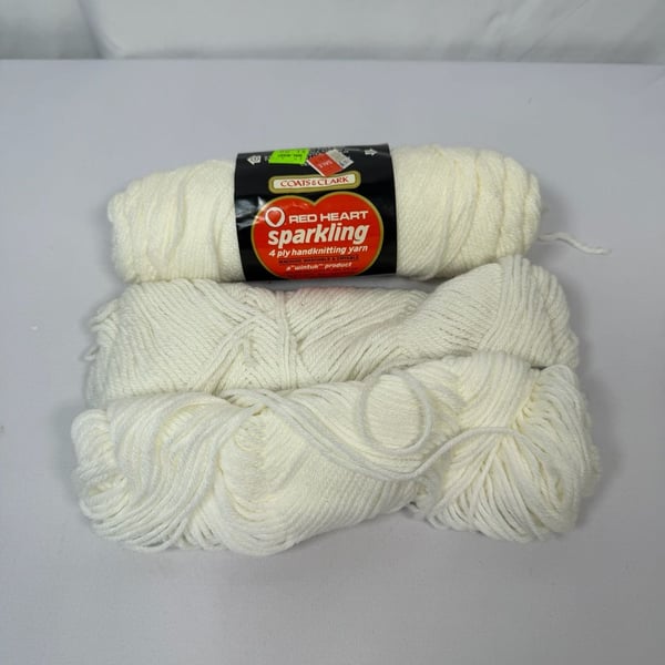 Red Heart Sparkling 4 Ply Yarn White Lot of 3