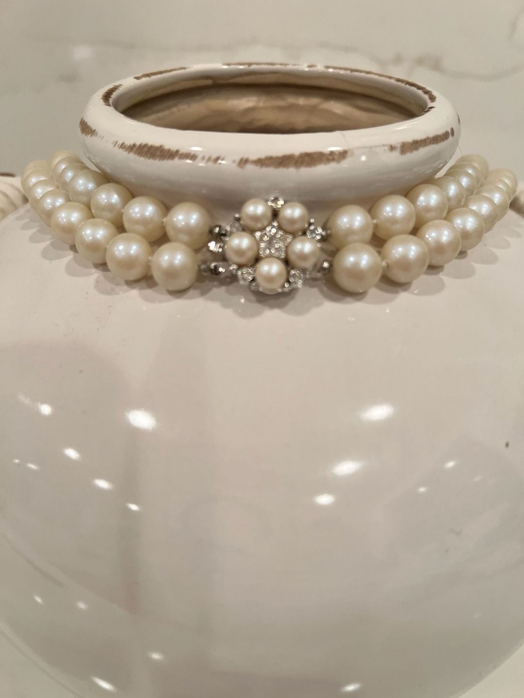 Vintage Double Strand Pearl Necklace Rhinestone Clasp 3