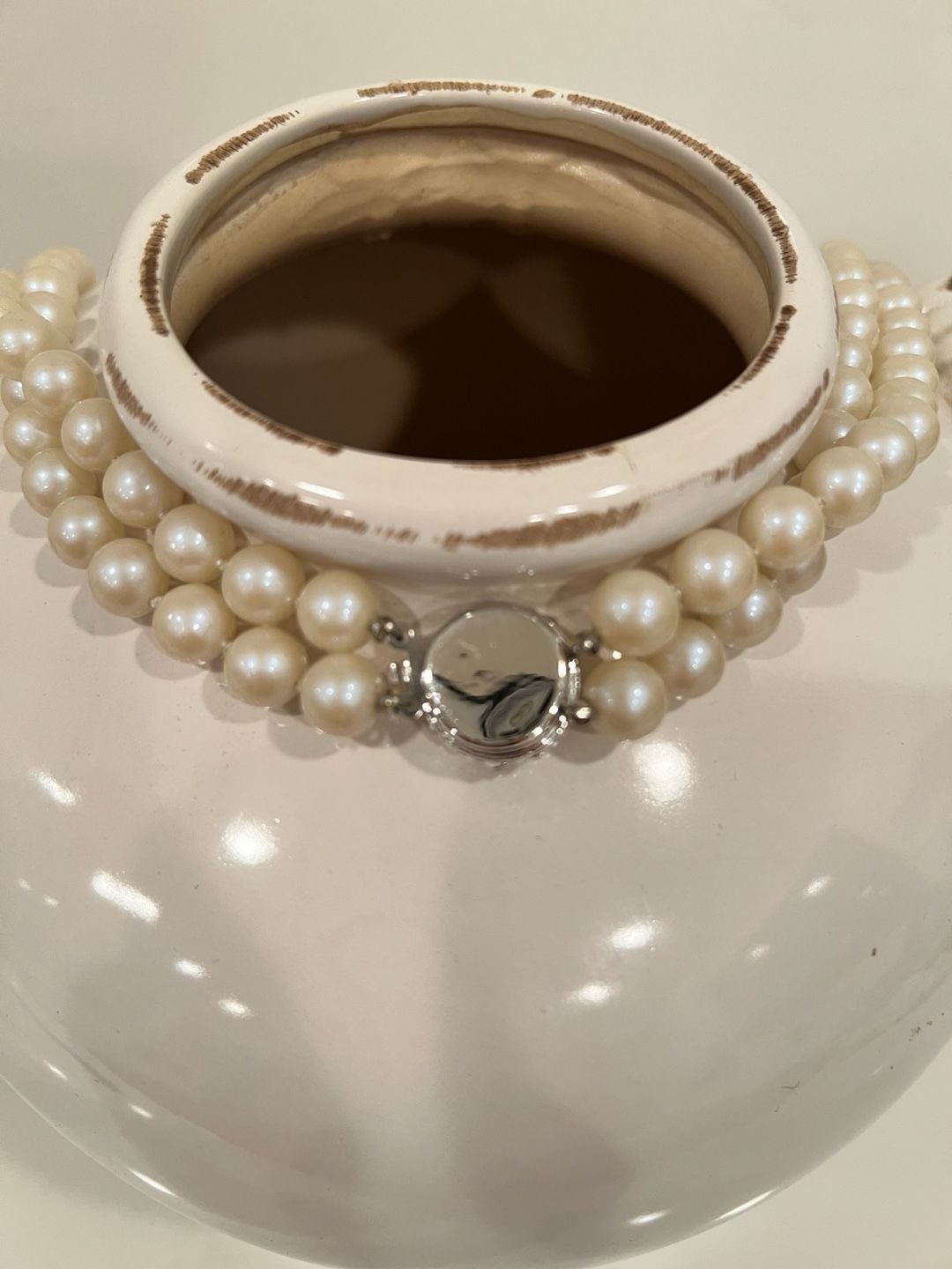 Vintage Double Strand Pearl Necklace Rhinestone Clasp 4