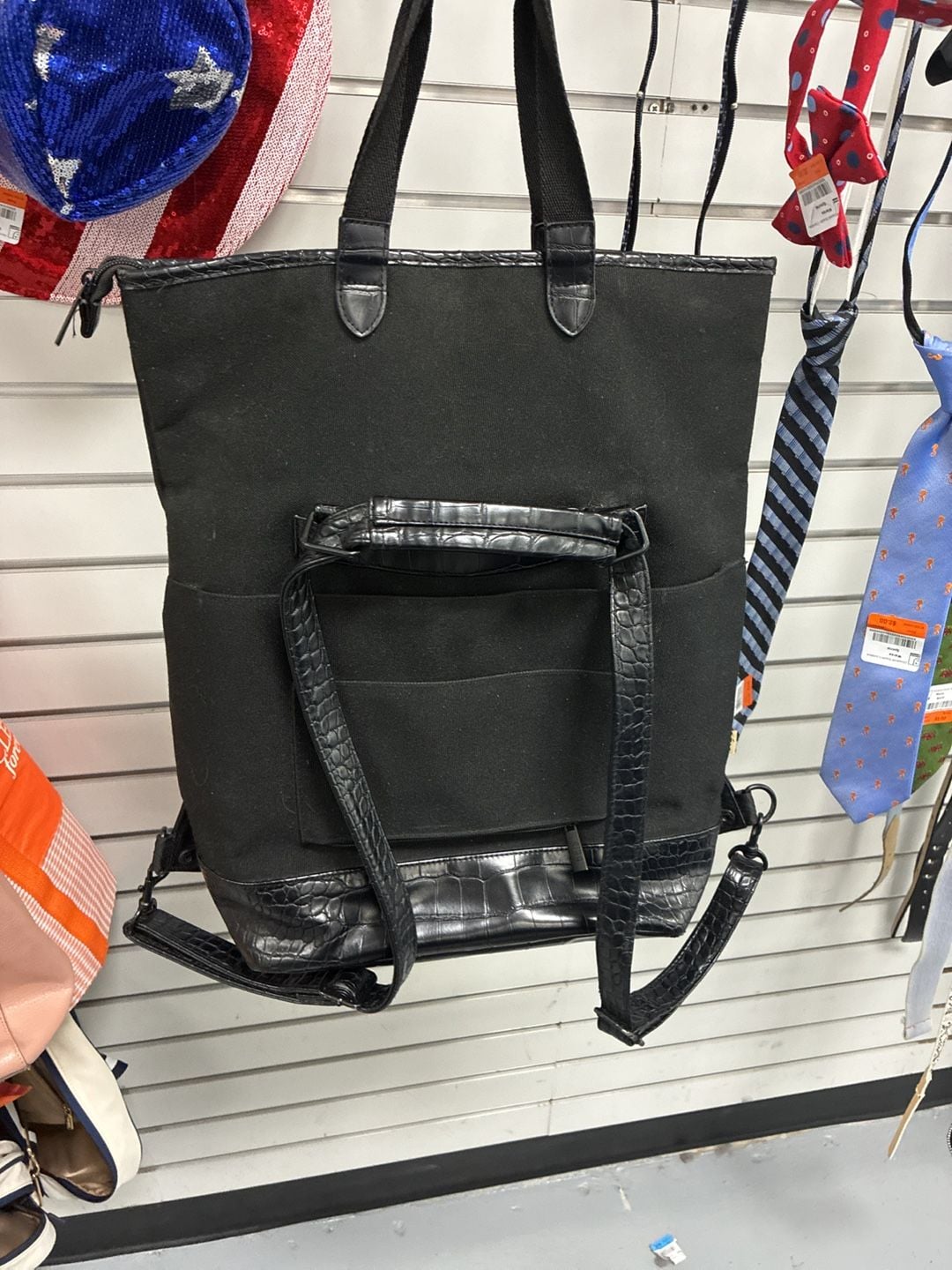Béis Convertible Foldover Faux Croc Backpack Black Canvas 2
