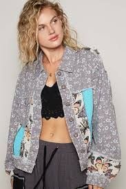 POL Butterfly Tapestry Floral Patchwork Denim Jacket Boho Size M 1