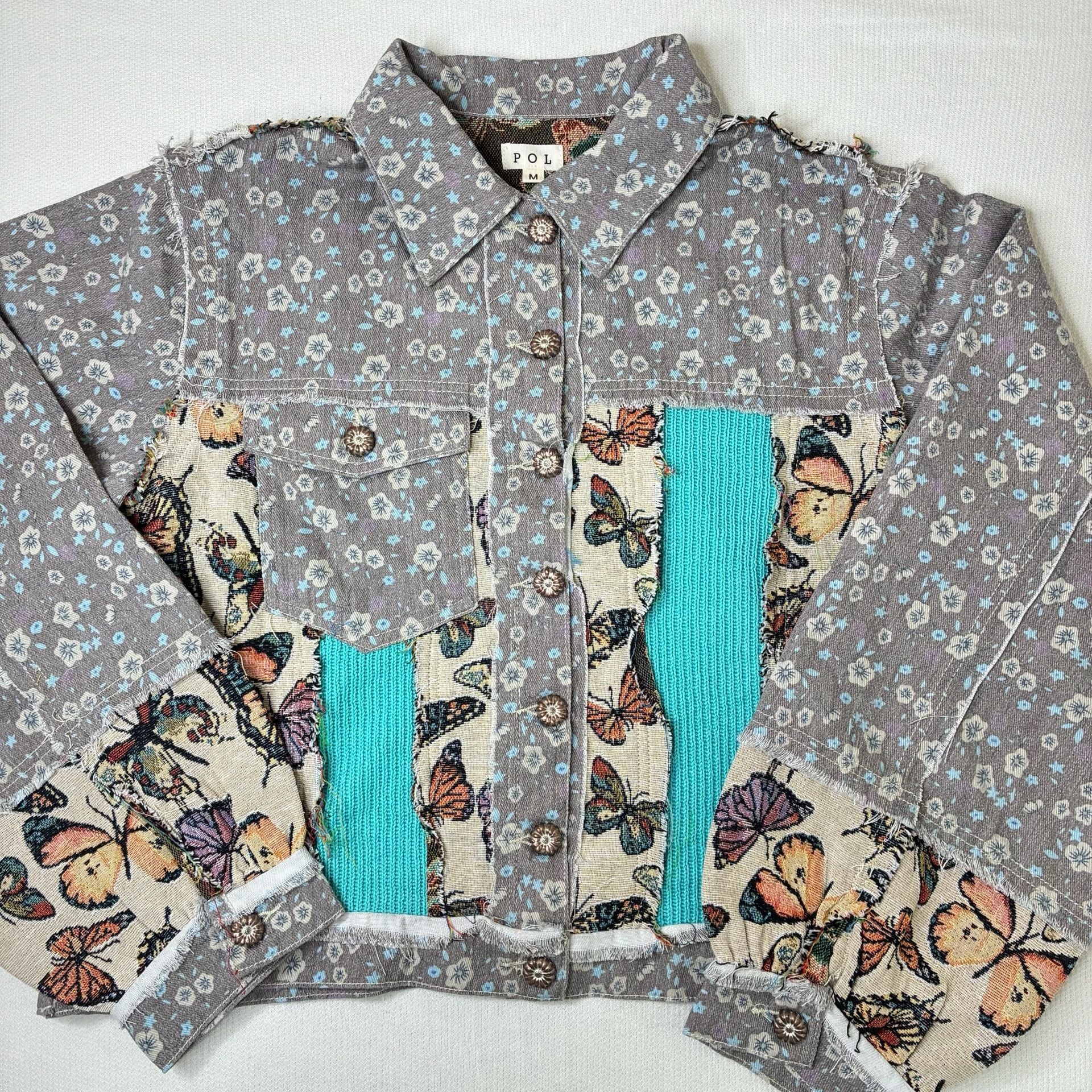 POL Butterfly Tapestry Floral Patchwork Denim Jacket Boho Size M 2