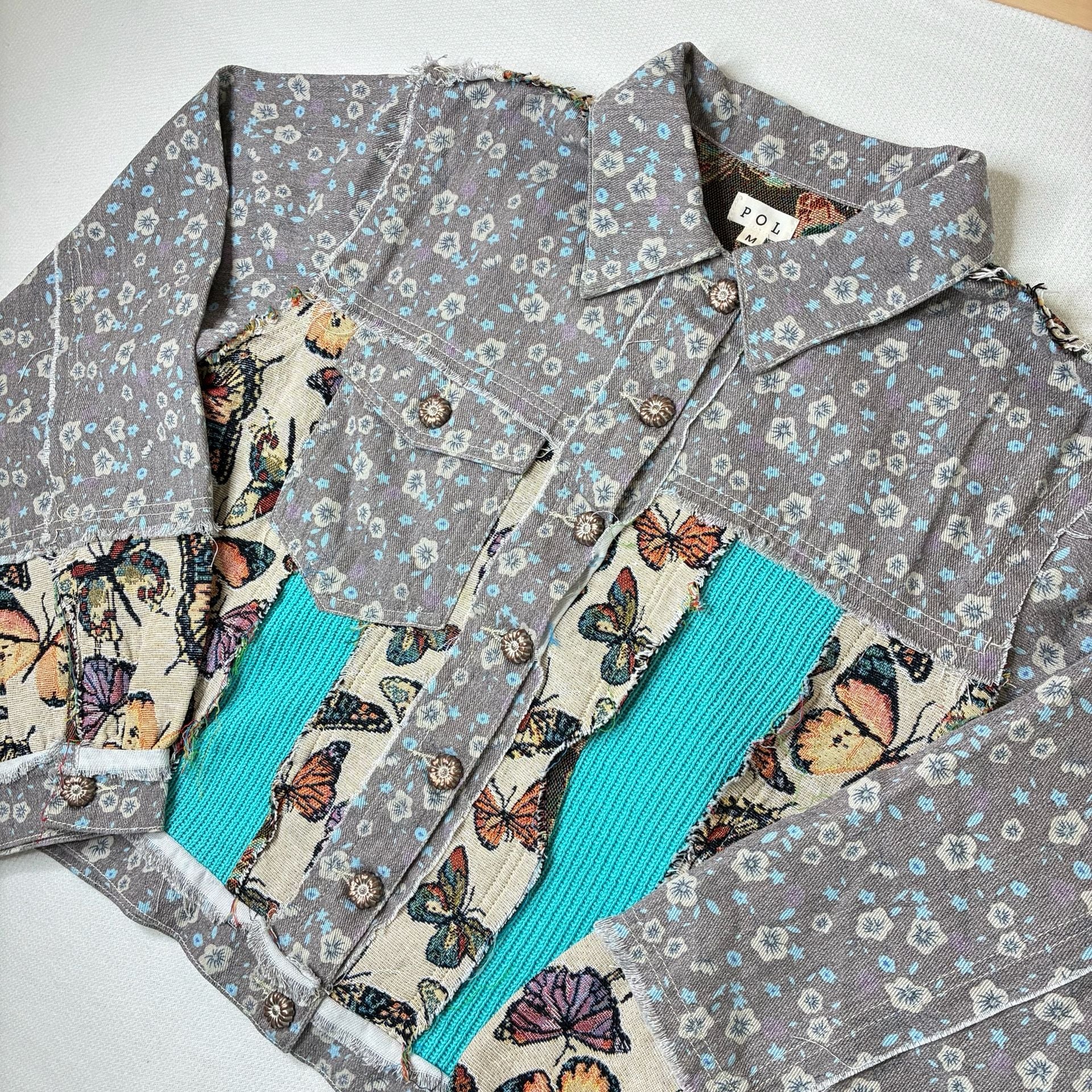 POL Butterfly Tapestry Floral Patchwork Denim Jacket Boho Size M 5