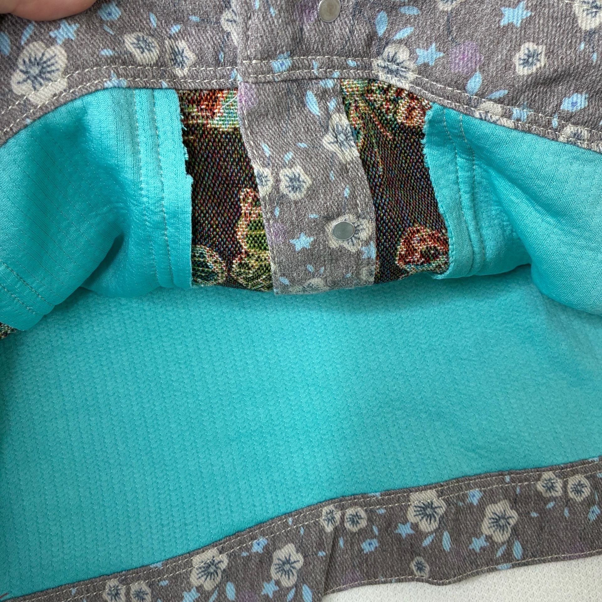 POL Butterfly Tapestry Floral Patchwork Denim Jacket Boho Size M 7