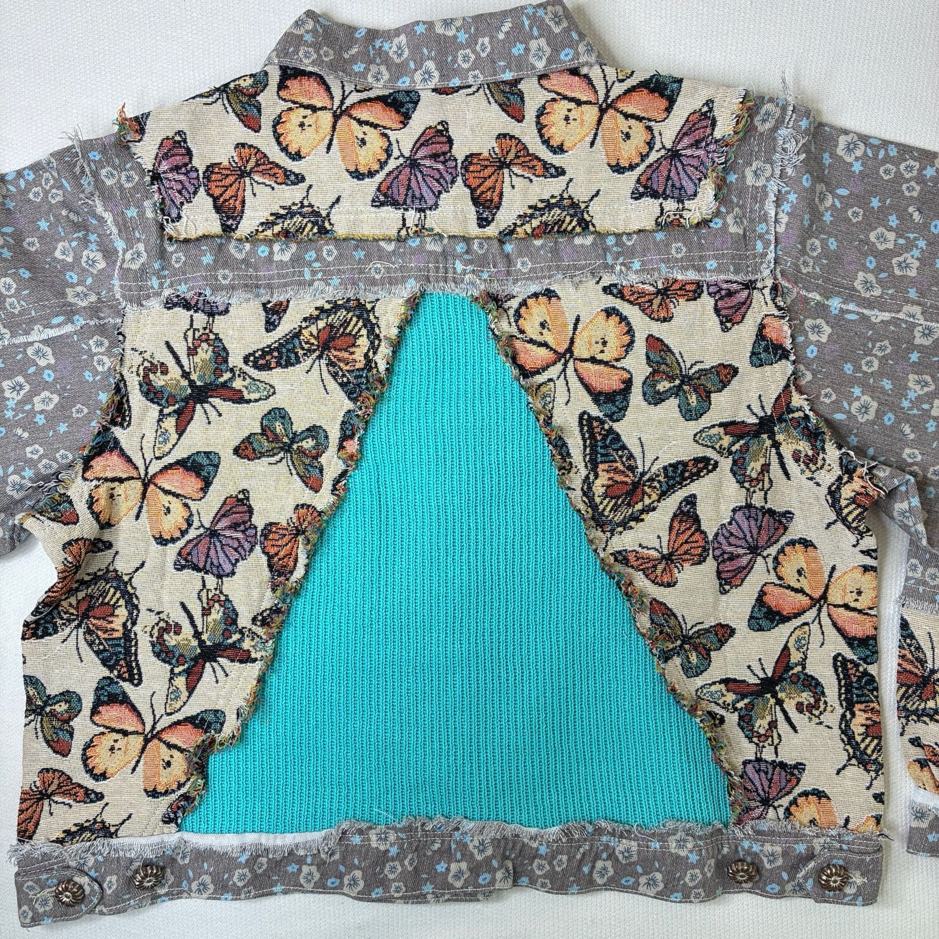 POL Butterfly Tapestry Floral Patchwork Denim Jacket Boho Size M 9