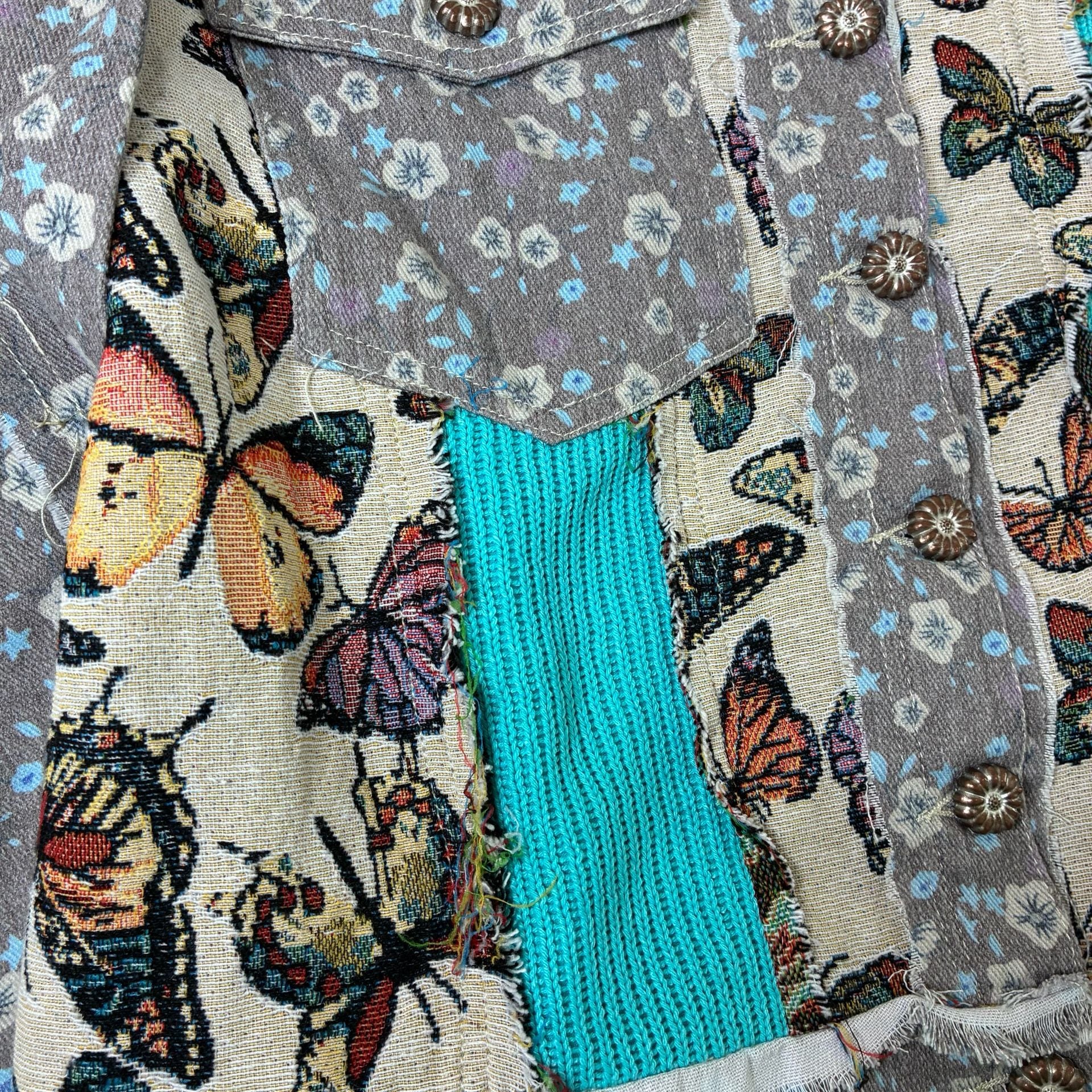 POL Butterfly Tapestry Floral Patchwork Denim Jacket Boho Size M 10