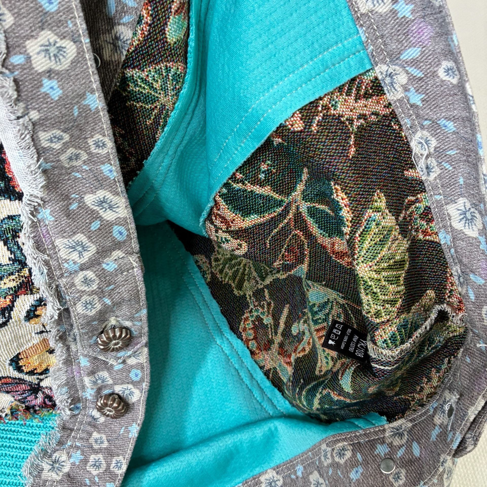 POL Butterfly Tapestry Floral Patchwork Denim Jacket Boho Size M 11
