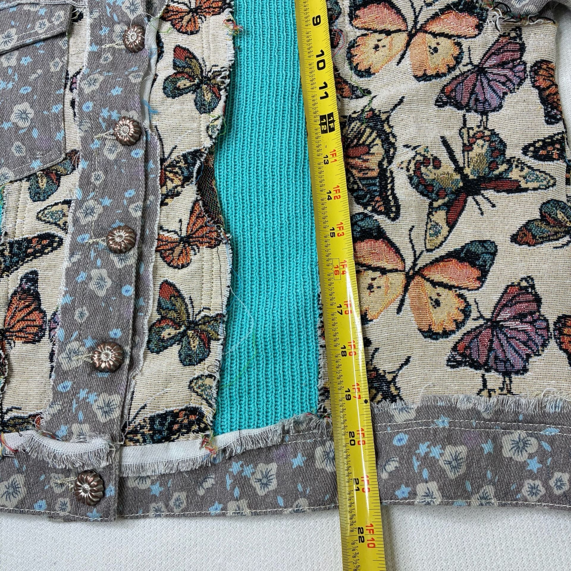 POL Butterfly Tapestry Floral Patchwork Denim Jacket Boho Size M 12