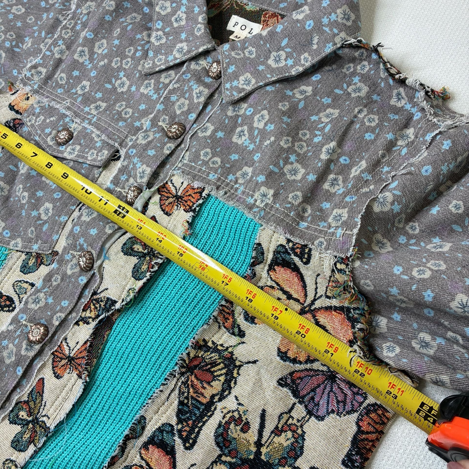POL Butterfly Tapestry Floral Patchwork Denim Jacket Boho Size M 13