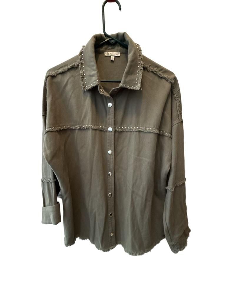 Veveret Studded Shacket Size M Olive Green Denim Jacket 2