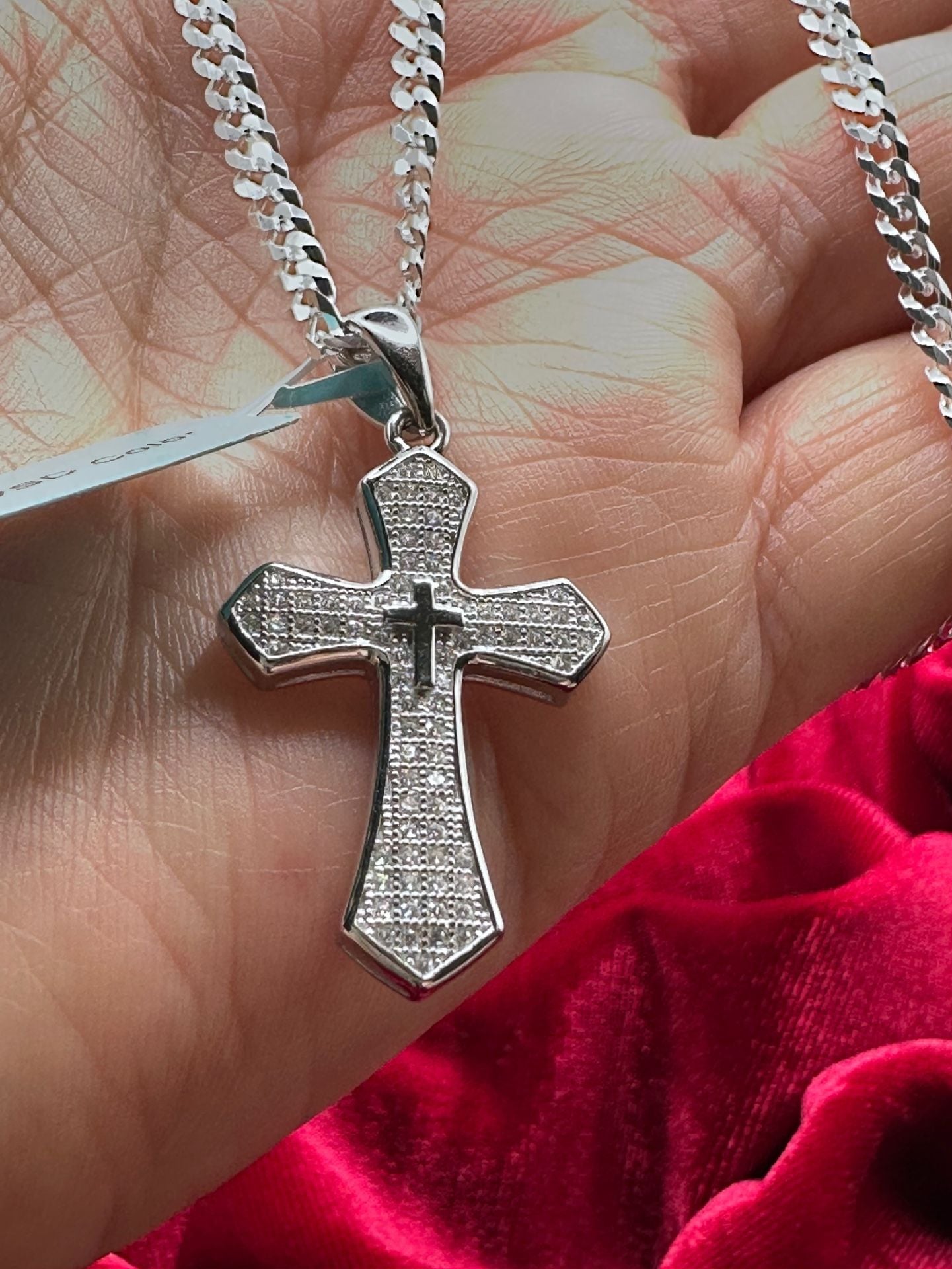 New Sterling Silver Moissanite Cross Pendant with 20in Cuban chain 3