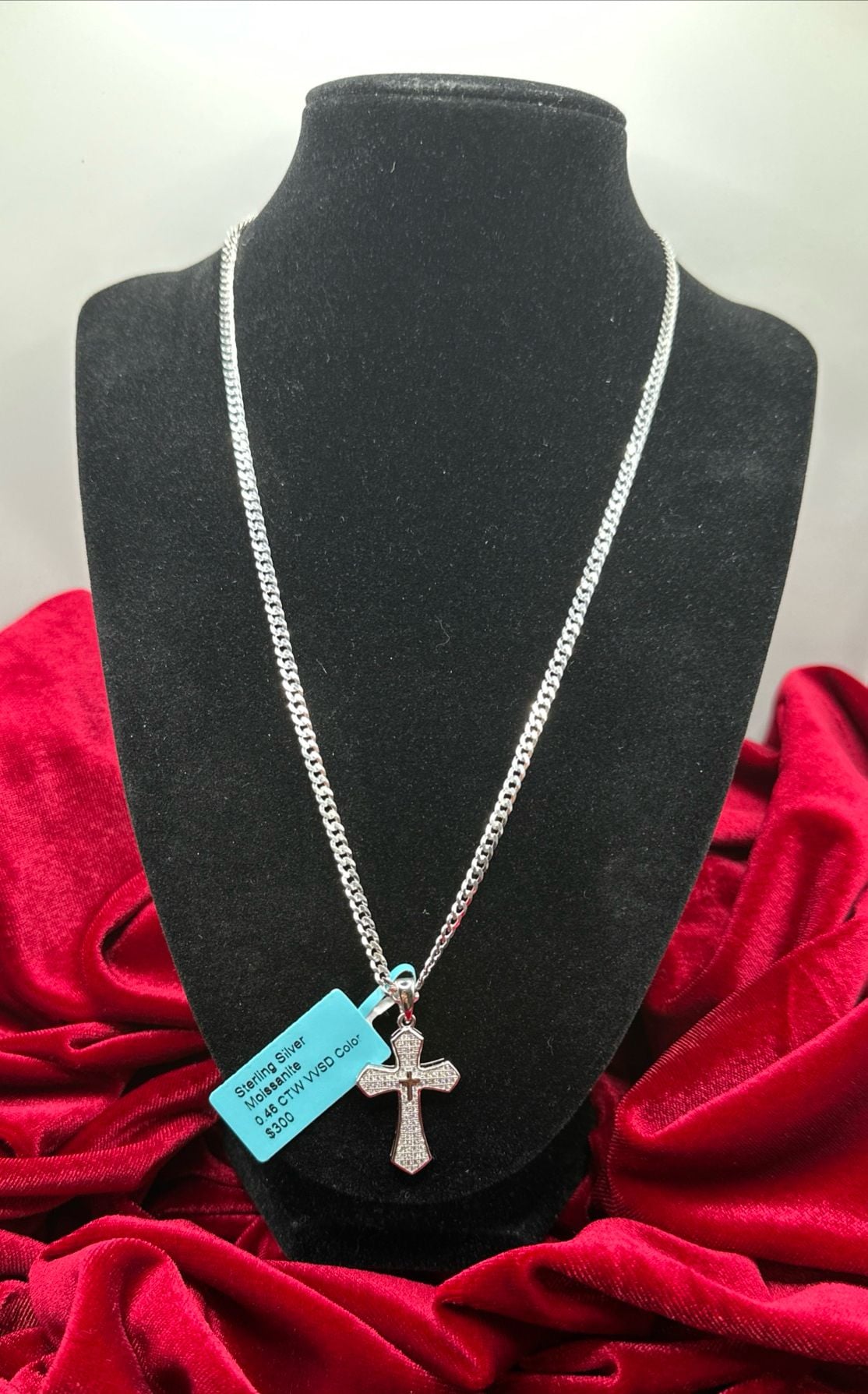 New Sterling Silver Moissanite Cross Pendant with 20in Cuban chain 5