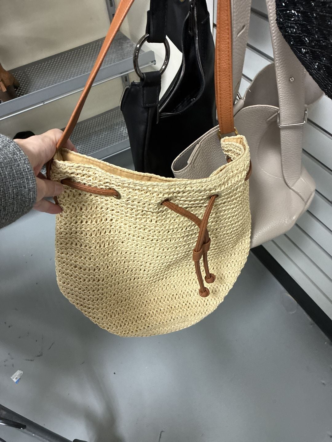 Montce Straw Bucket Bag Tan Leather Drawstring Crossbody Purse 2