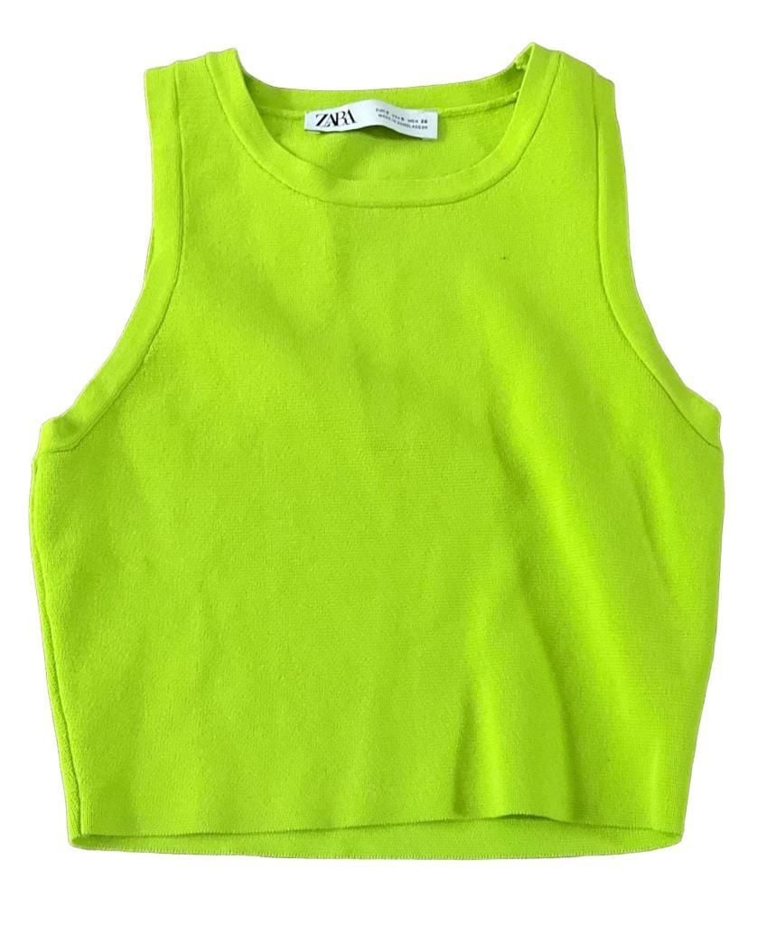Zara Ribbed Knit Crop Tank Top Size S Lime Green Sleeveless girls 2