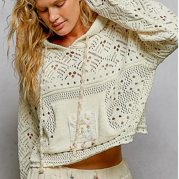 POL Cream Crochet Open Knit Hooded Sweater Floral Beaded Boho Pullover M
